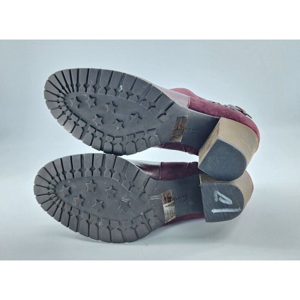 CLARKS Womens Mission Parker Size 6.5 Block Heel Bootie Burgundy Leather Suede 9 - Picture 7 of 10